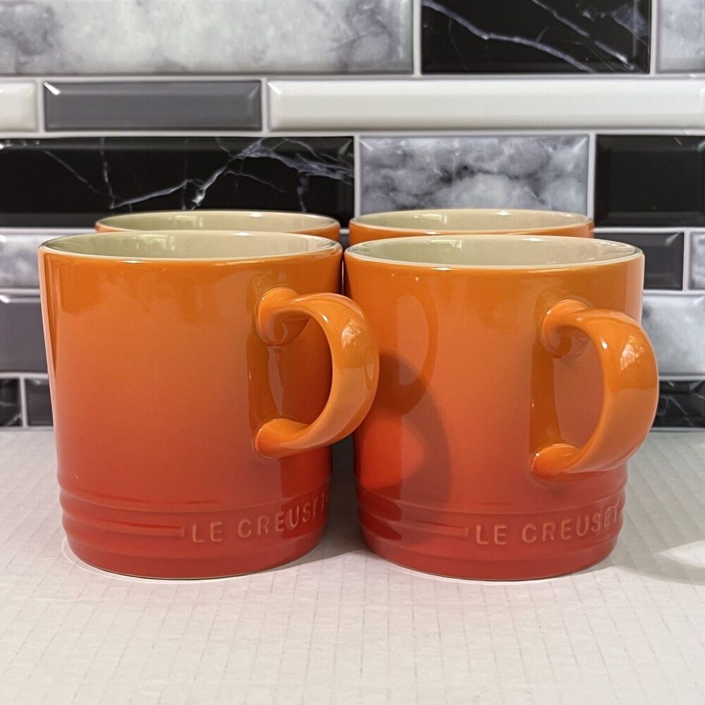 Le Creuset 12 oz Stoneware Coffee Mug Cup Set Of 4 Ribbed Ombre Flame Orange Lux